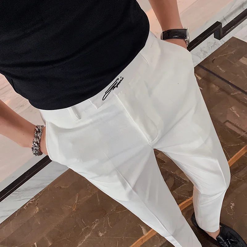 Black White Embroidered Business Formal Pants Men Korean Style Slim Office Social Suit Pants High Quality Streetwear Ankle Pants