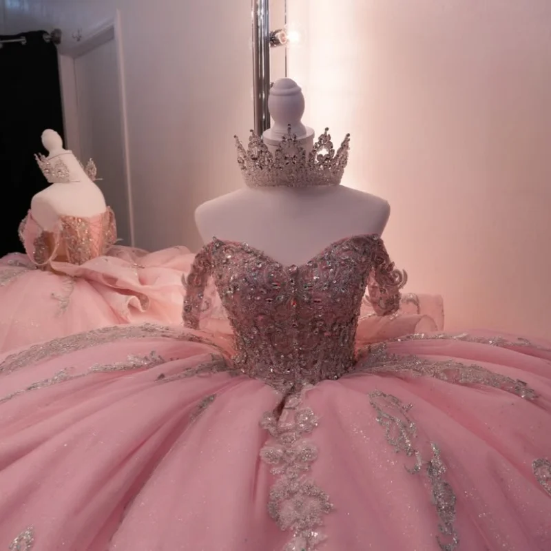 Shiny Pink Quinceanera Dress Crystal Glitter Beadwork Decal Long tail off-shoulder Tull Bow Vestidos De 15 Quinceanera ﻿Customiz