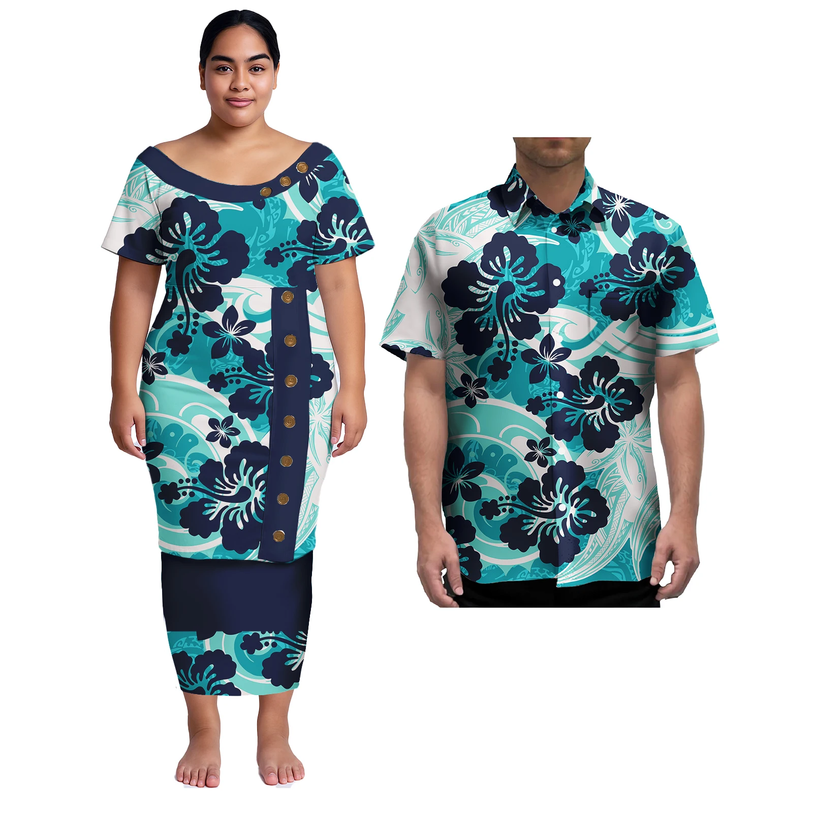 Couple Clothes Isand Style Design Samoan Print Plus Size Aloha Men Shirt Matching Female Hawaiian Puletasi Dress