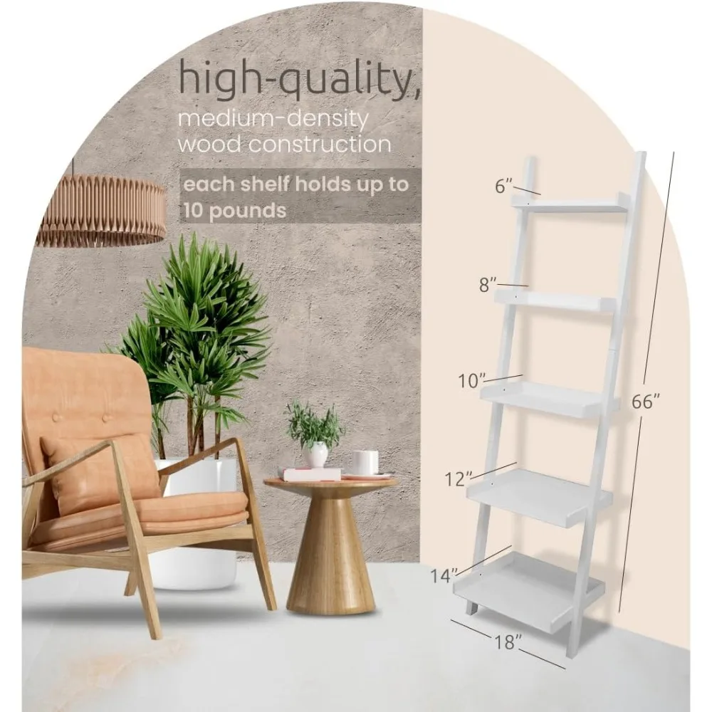 5-Tier Leaning Ladder Shelf, 67" Tall Storage Rack for Home Office, White - Easy Assembly