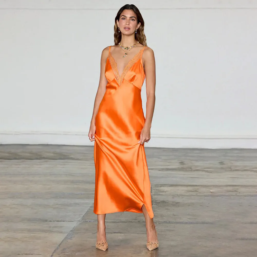 فستان بحزام طويل من الدانتيل الساتان امرأة مثير عميق الخامس الرقبة بلا أكمام فستان بدون ظهر المرأة الصلبة فساتين أنيقة الصيف الإناث الملابس