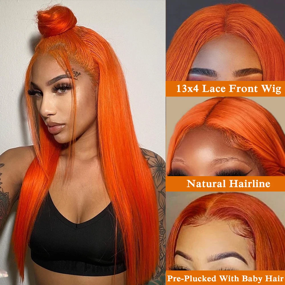 Peluca de cabello humano liso para mujer, postizo de encaje Frontal 13x6 Hd, 13x4, n. ° 350, color hueso, 30 y 34 pulgadas, naranja jengibre