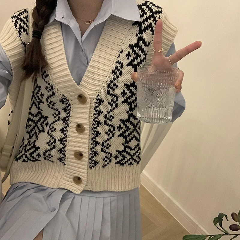 Fair Isle maglione gilet per le donne scollo a v abbottonato senza maniche maglia geometrica Teen-girl Vintage autunno inverno vestito di natale