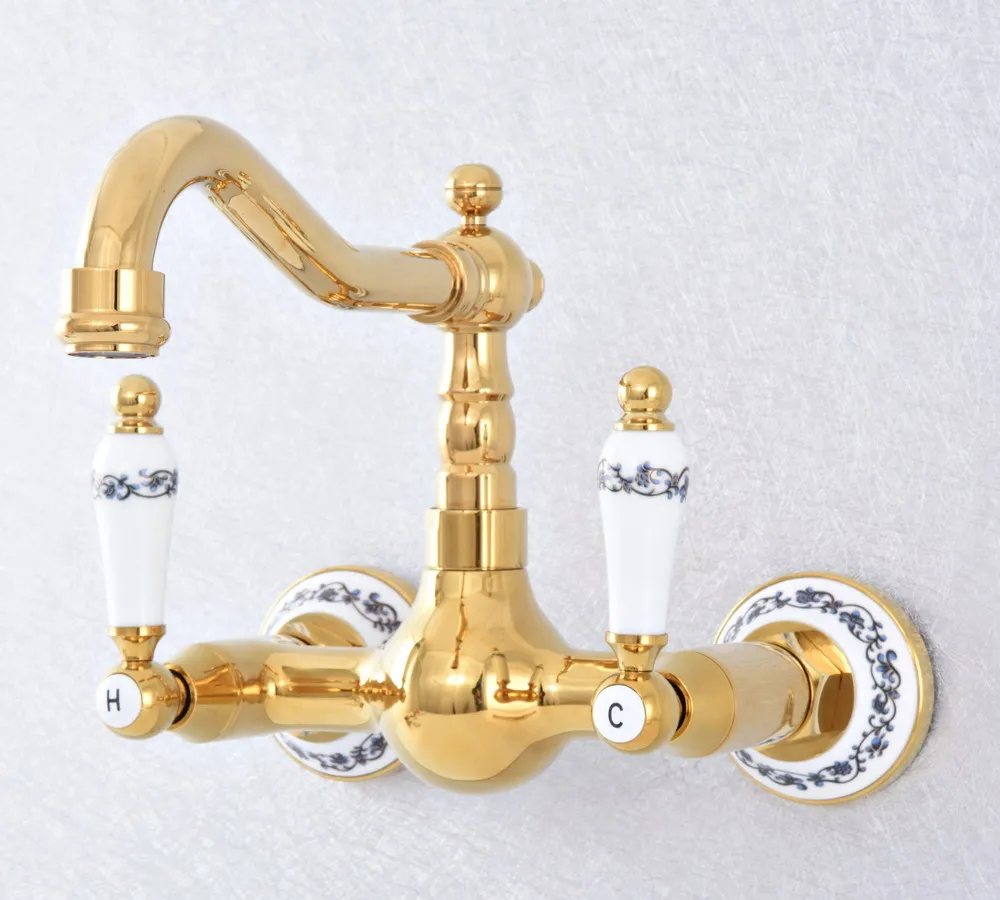 

Luxury Polished Gold Brass Basin Faucet Wall Mounted Dual Handles Bathroom Faucets Swivel Spout Hot Cold Water Mixer Tap