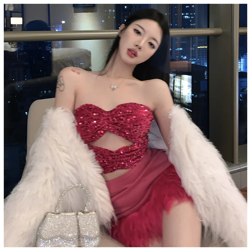 Spring Women's Advanced Sense Button Sequin Strapless Vintage Bra Top French Spicy Girls Sexy Feather Puffy Skirt Two-piece Set