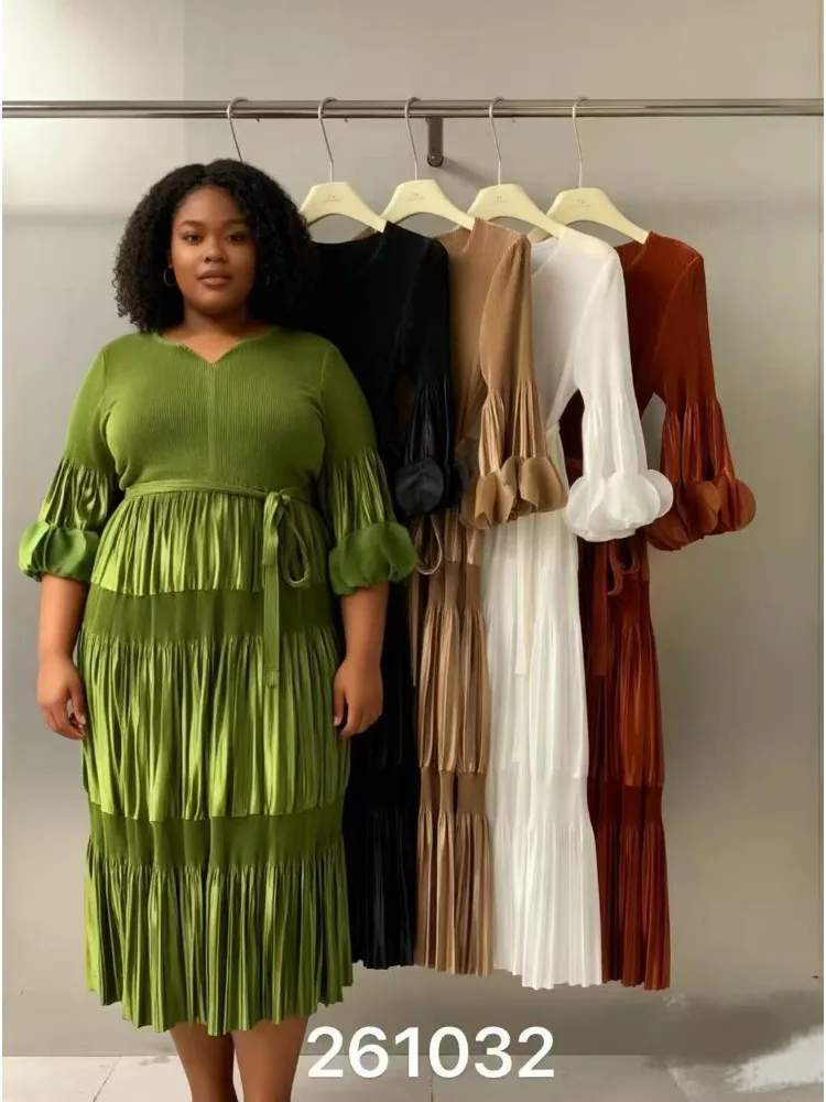 

2025 Loose Miyake Women's Fashion Slim V-Neck Solid Color Piece Folded Casual Light Luxury Long Dress New