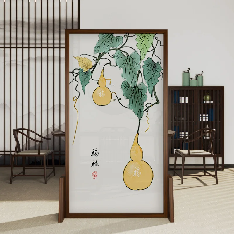 #New Chinese-style Solid Wood Screen Partition Living Room Decoration Blocking Entrance Office Modern Simple Movable Gourd Seat