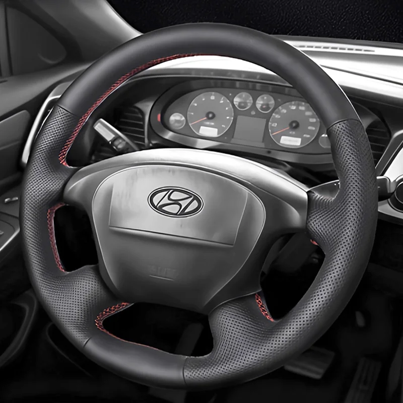 black napa leather Perforated breathable For Hyundai h1 h-1 DIY Car Steering Wheel Cover Braid Red stitching interior