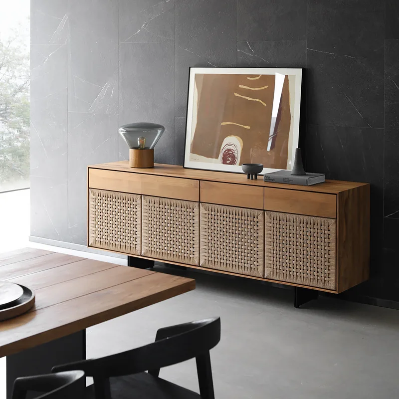 Solid wood braided rope dining side cabinet wabi-sabi wind living room storage cabinet weaving characteristics creative