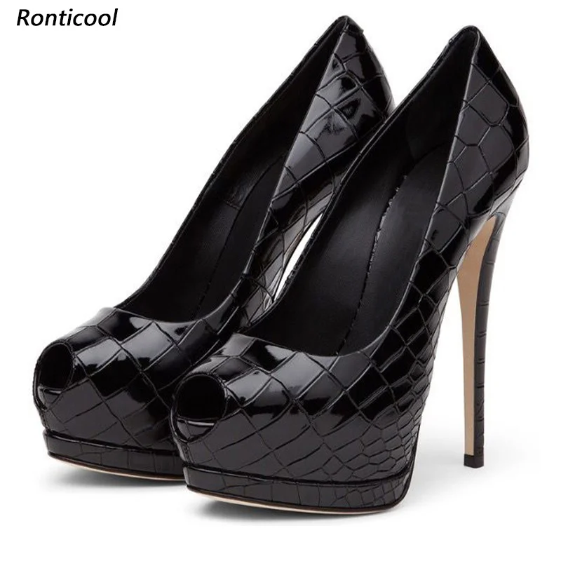 

Ronticool/Новое поступление, женские летние туфли-лодочки Crocdille, пикантные элегантные черные туфли на шпильке с открытым носком, женские туфли для вечеринок, размер США 5-20