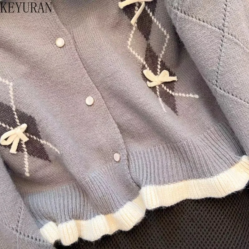 Vintage Ruffles Peter Pan Collar Sweater Women 2024 Autumn Winter Elegant Long Sleeve Kawaii Bow Argyle Knitted Cardigan Jacket