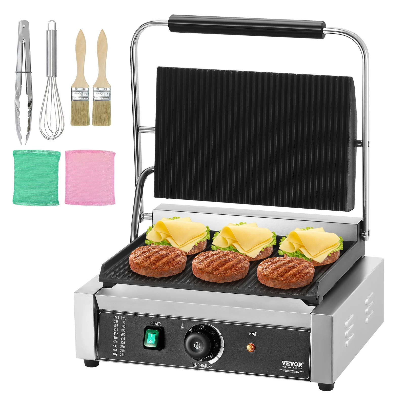 VEVOR 17In Commercial Panini Grill, Electric Sandwich Panini Maker, Stainless Steel Sandwich Press, Panini Grill w/ Temp Control