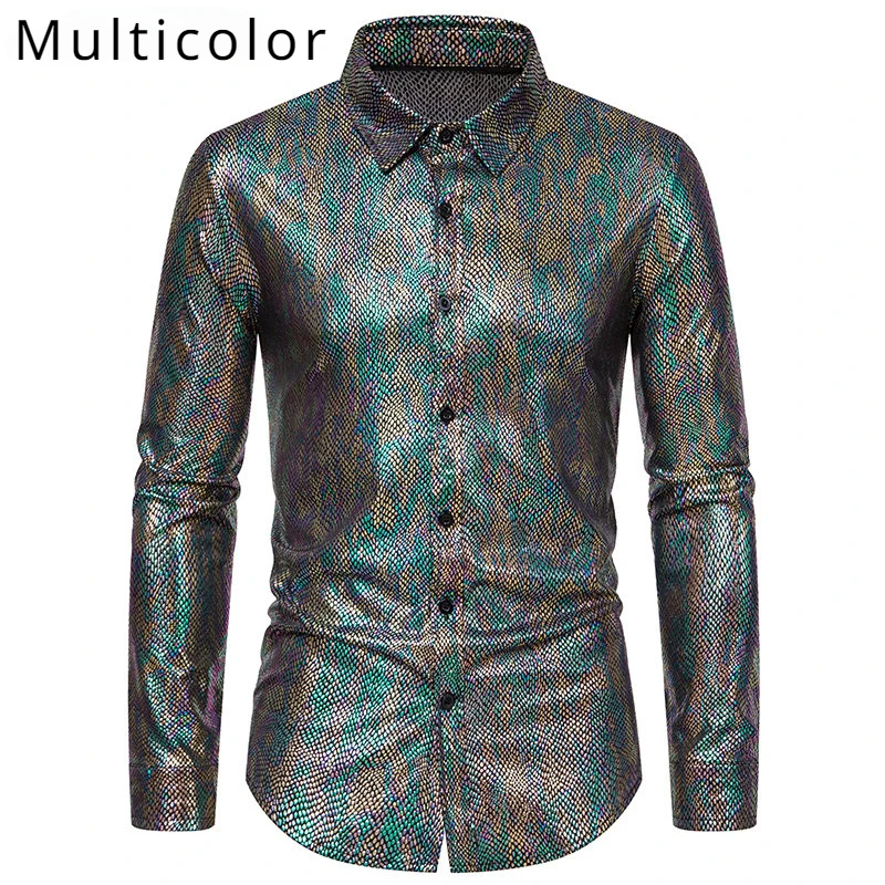 2024 Spring New Men\'s Snakeskin Pattern Hot Stamping Shirt Men\'s Stage Costume Banquet Men\'s Long Sleeve Shirt Shiny Party Shirt