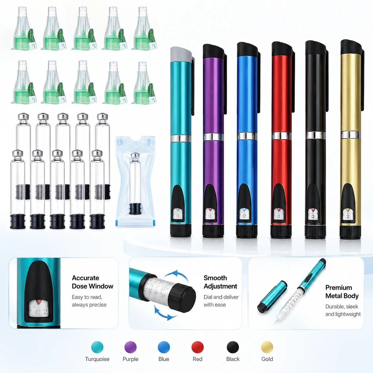 Reusable V3 Injection Pen Set Metal Injection Pen Empty Insulin Injection Pen with Cartridge Bottle for Home Use Adjustable Dose