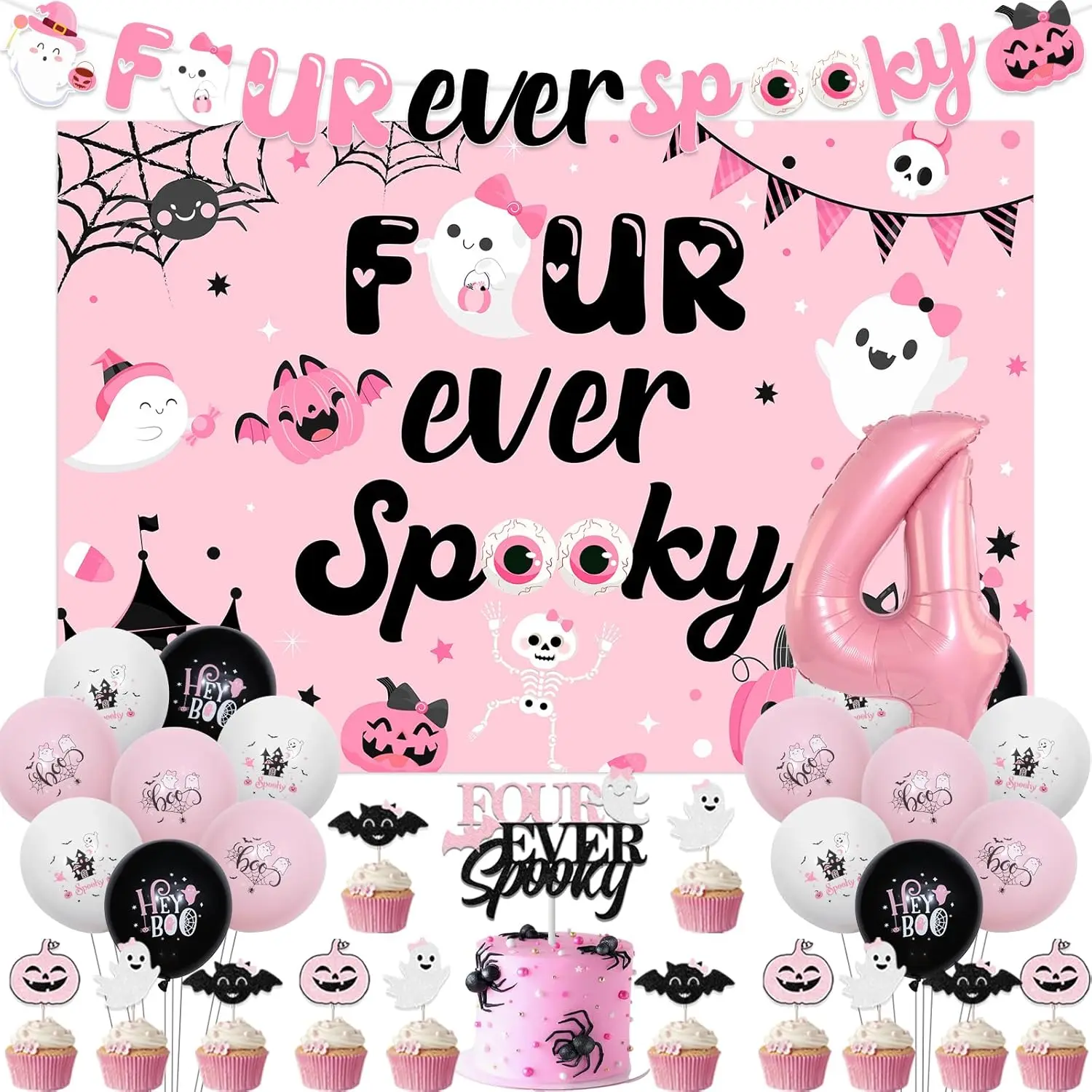 

Sursurprise Halloween Party Girl 4th Birthday Backdrop Pink Cake Cupcake Toppers Banner Foil Balloon Bday Party Decor Supplies