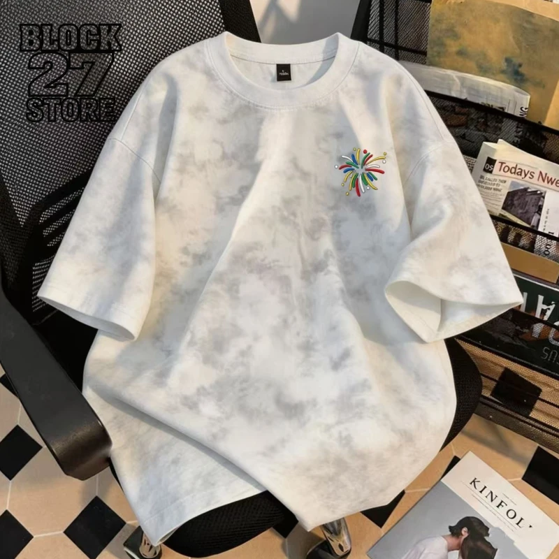 Mens T Shirt Tie Dye Japanese Style Summer Tee Harajuku Unisex Loose Fit Crew Neck Casual Streetwear Couple Fashion Trend New
