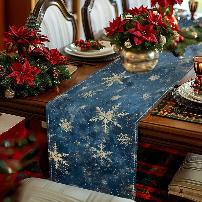 1 Stück Weihnachts-Tischläufer, marineblaue Schneeflocke, Winter-Party-Essdekoration für drinnen und draußen, Weihnachten, Urlaub, Zuhause, Feier