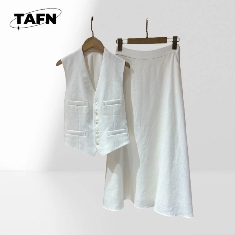 100% Linen Women Sleeveless Waistcoat & Midi Skirt Set Luxury French Chic Old Money Elegant Matching Outfit Summer BF2026