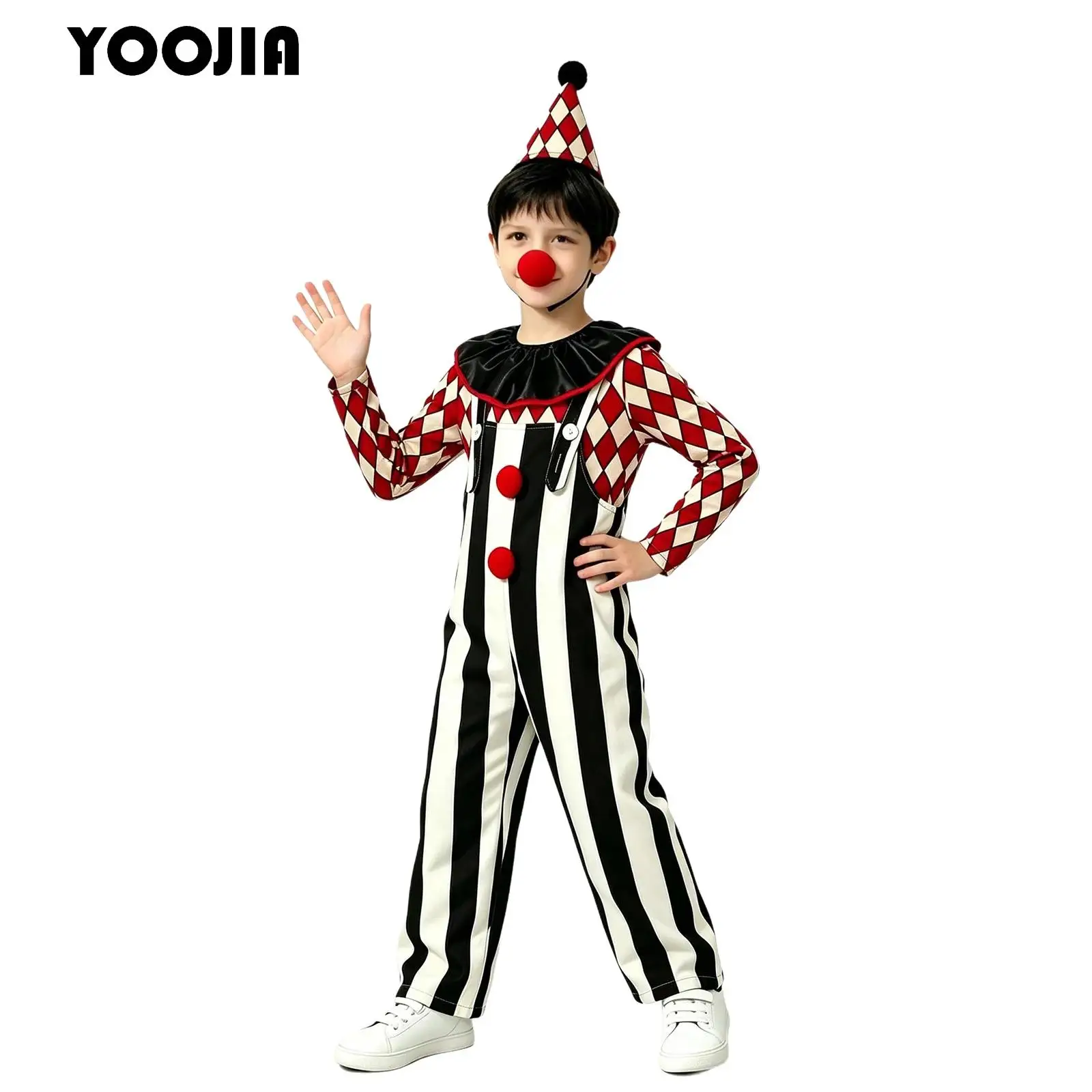 Halloween Boys Circus Performance Outfit Kids Clown Costume Diamond Pattern Long Sleeve Tops Striped Suspender Trousers with Hat