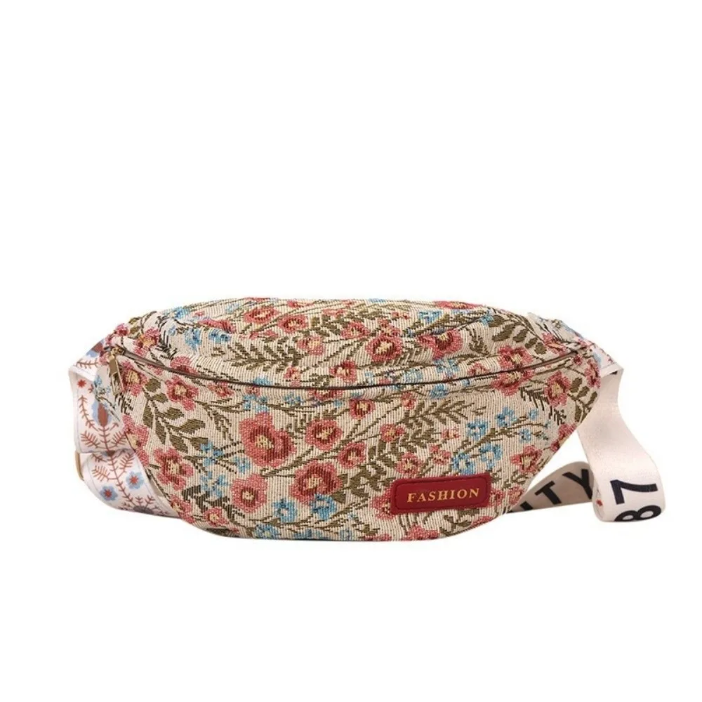 Casual Canvas Crossbody Bag Floral Printed Zipper Closure Dumpling Bag Versatile Waist Bag For Women