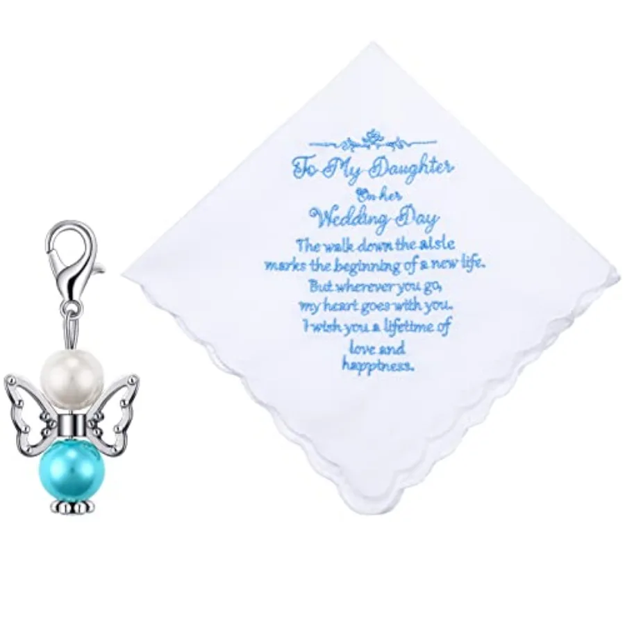 

2 Pcs Brides Wedding Handkerchief Something for Daughter Blue Color Gift for Bride Handkerchief and Angel Keychains Elegant Sty
