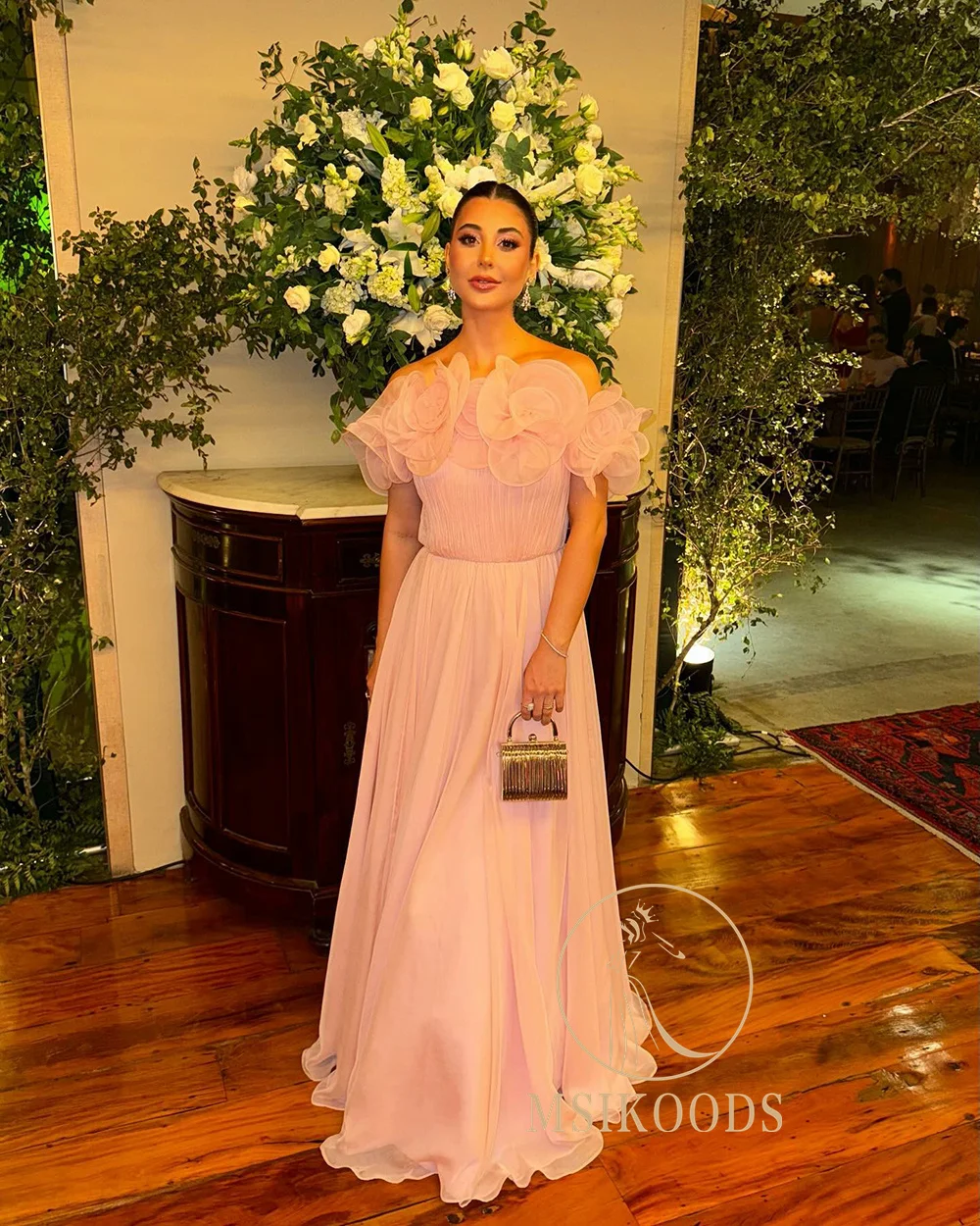 Msikoods Różowe Sukienki Wieczorowe 2025 Kwiatowa Plisowana Sukienka na Bal Specjalna Okazja Sukienka Damska Formalna Suknia dla Gościa Weselnego Szyta na Miarę