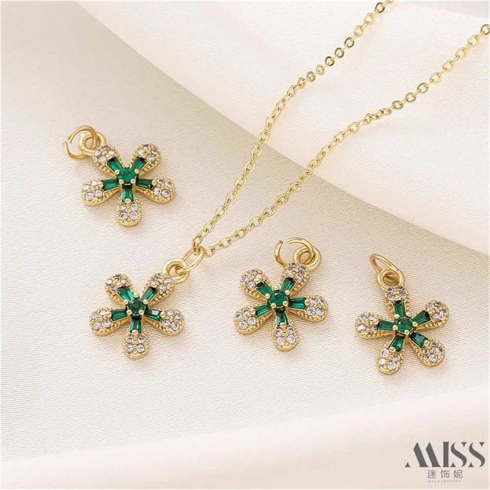 14K Gold Bag Color-preserving Zircon Green Five-leaf Flower Pendant DIY Handmade Bracelet Necklace Small Pendant Accessories