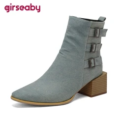 Girseaby Women New Pointed Toe Ankle Boots 5.5cm Thick Square Heels Buckles Leather Big Size US17 45 46 48 50 Black Yellow