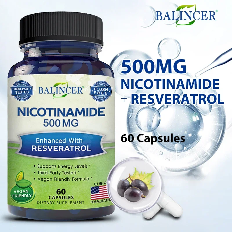 Niacinamide 500mg + Resveratrol 100mg Supplement - Helps with Skin Repair and Health, Immune and Energy Support