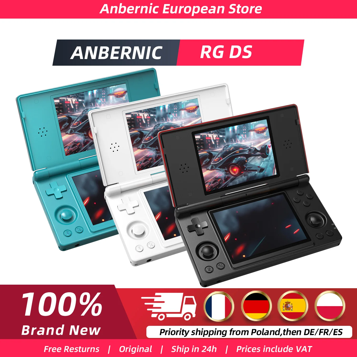 Anbernic Console di gioco retrò RG DS con schermo IPS da 4 pollici, doppio touch screen, Android 14, console di gioco pieghevole RGDS, idea regalo per