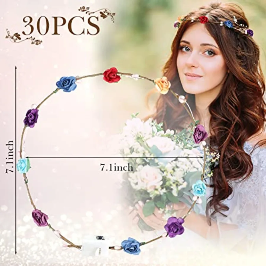 30 Pcs LED Flower Crown Headbands Light Up Headband Flower Wreath Floral Glowing Fairy Crown for Women Carnival Birthday Weddin