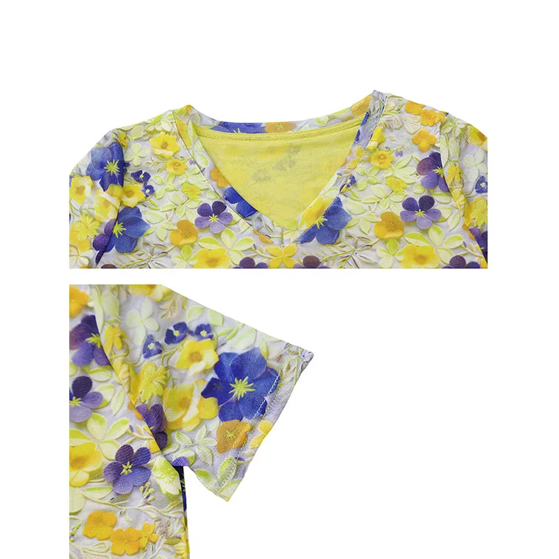 2025,New,Summer,European,Clothes,T-Shirt,Chic,Sexy,V-Neck,Print,Flower,3D,Women,Tops,Short Sleeve,Mesh,Bottoming Shirt,Tees,5602