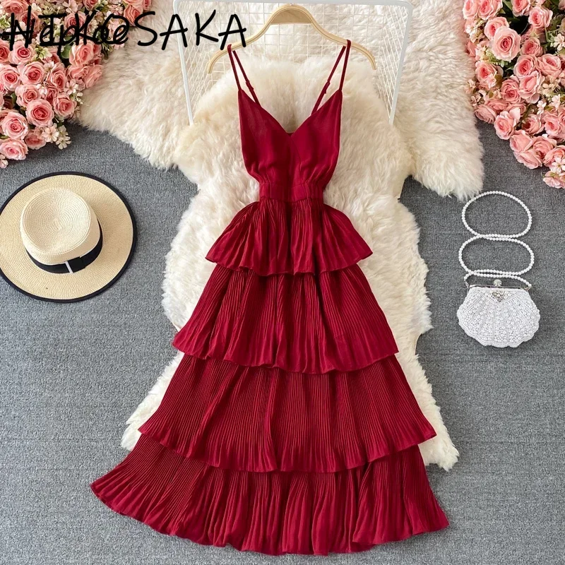 Sexy Feminino scollo a V Sling abiti senza maniche spalla senza spalline Camis Dress donna Ruffles Patchwork vita alta abiti dolci