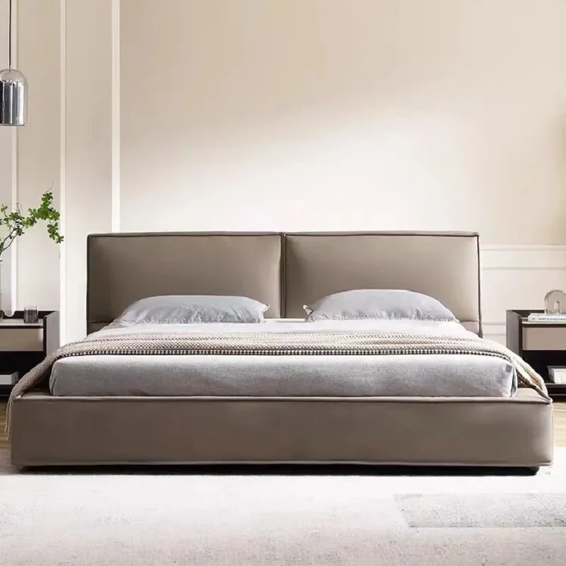 

Italian minimalist leather tofu block bed, bedroom first layer cowhide master bedroom double bed, high and