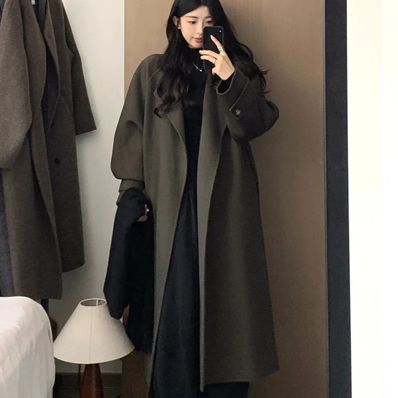 Oversized Korea Elegant Woolen Windbreaker Coat Women's Autumn Winter New High-end Outwear Mid-length Top Loose Wool Jacket Lady