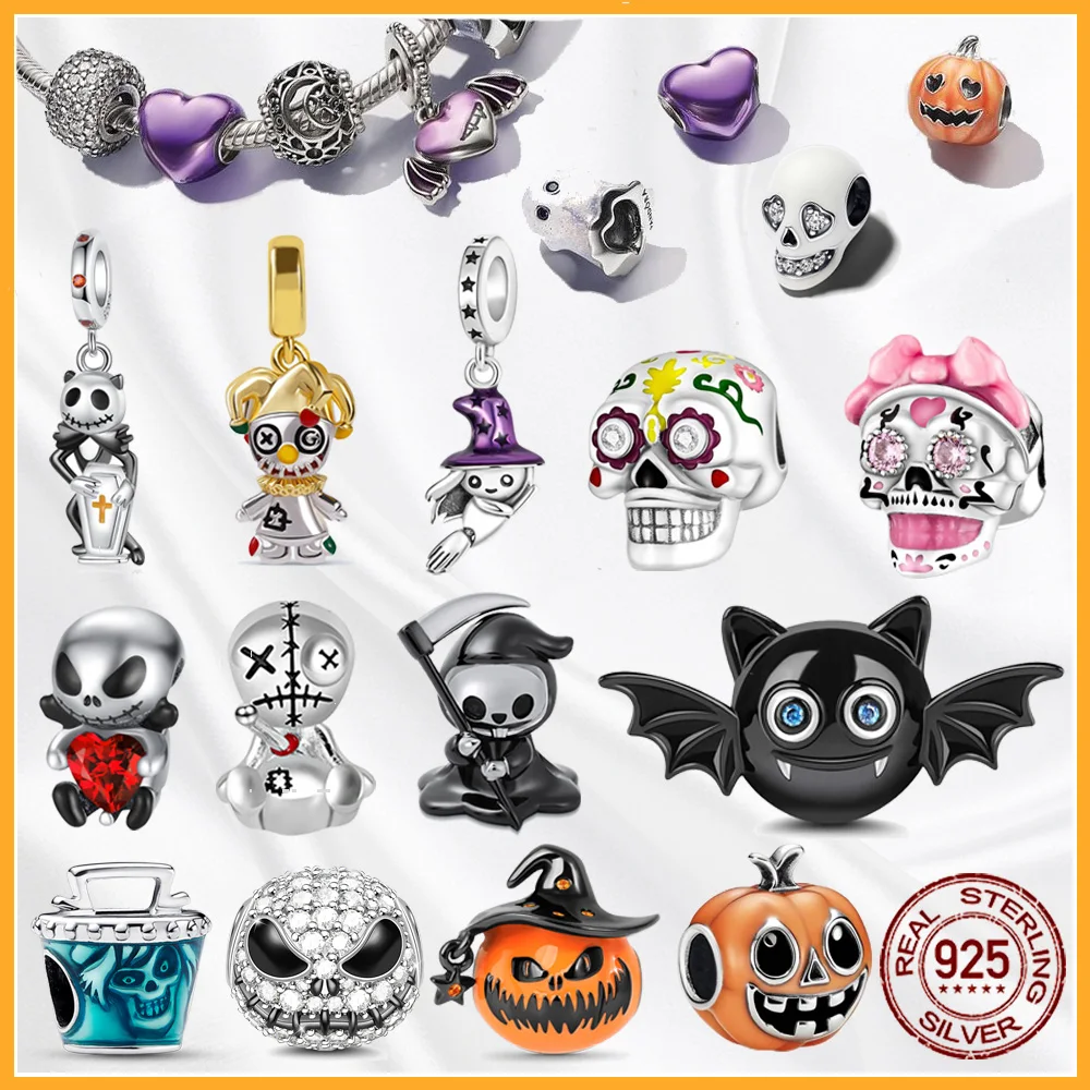 

Аутентичные стерлингового серебра 925 пробы, череп, жуткая тыква, висячие подвески, подходят для оригинального браслета, бусины, кулон, ювелирное изделие, подарок