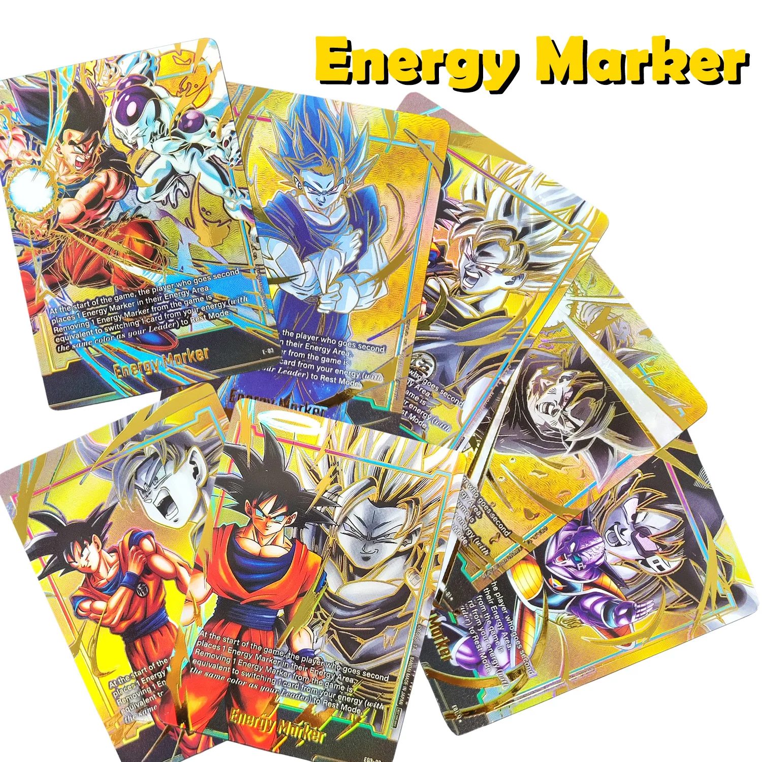 Selbstgemachte Dragon Ball Super Fusion World Englische Energie-Marker Gold Son Goku Vegito Vegeta Heißpräge-Sammelkarte Spielzeug