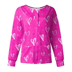 Women Long Sleeve Jackets Valentine Day Pocket Nurse Working Uniform Heart Print Single-breasted Protective Overalls Cardigan