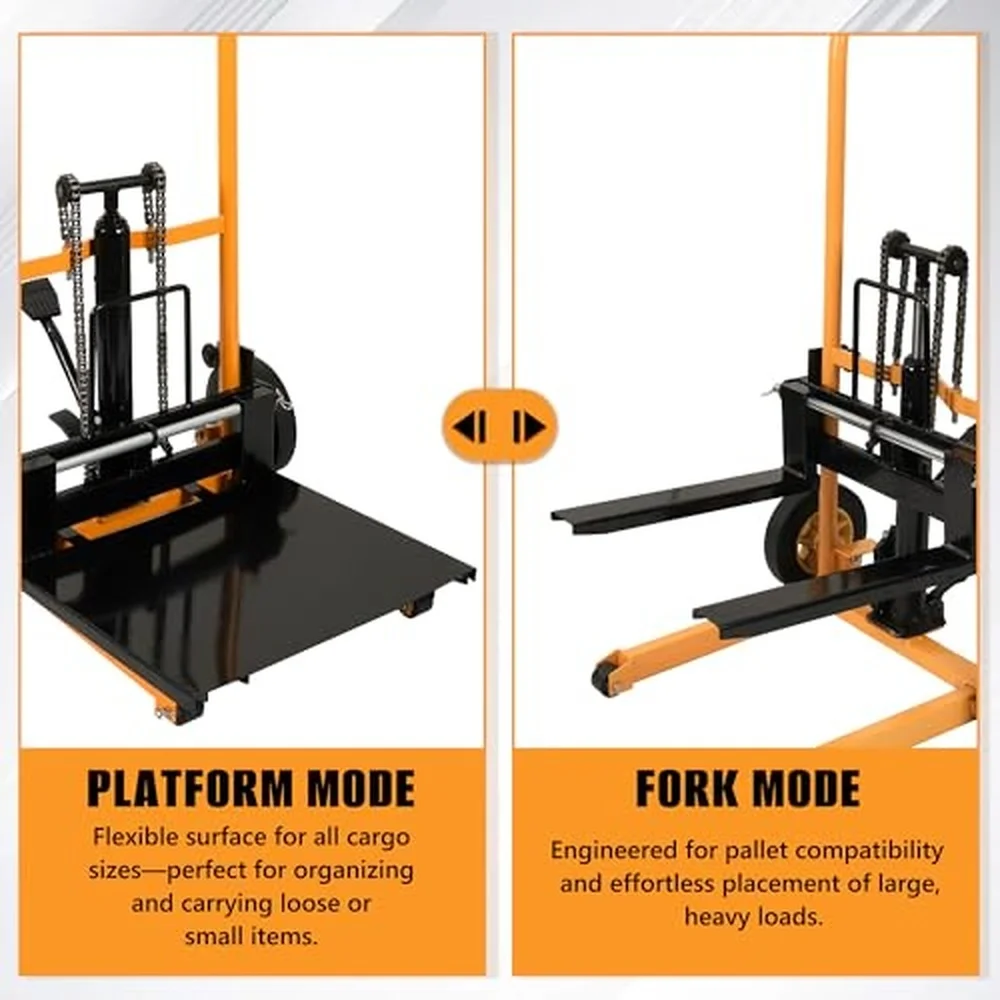 Manual Material Stacker 450 lbs Capacity Hydraulic Foot Pedal Lift Adjustable Forks Lift Range Removable Platform Heavy