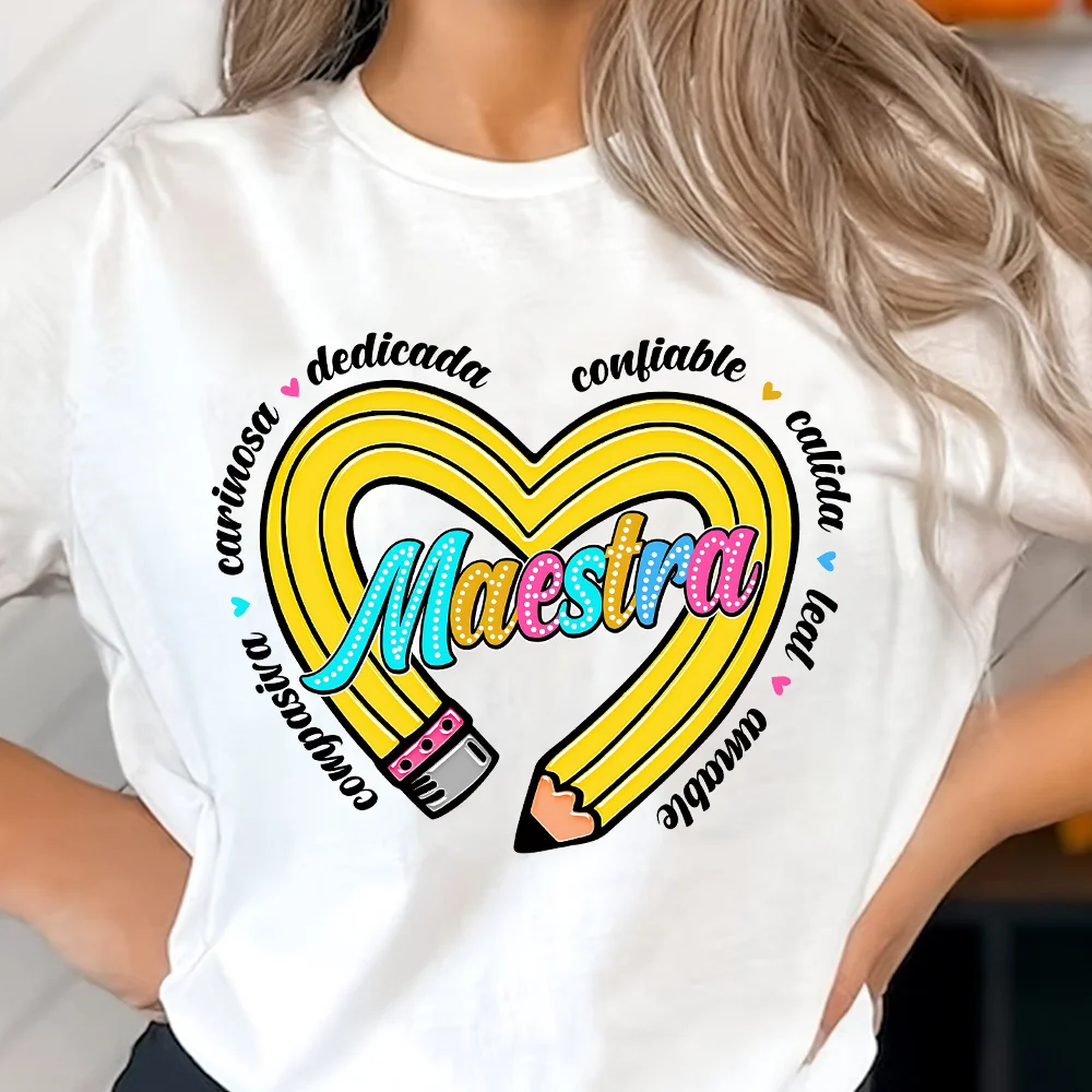 Spanish Teacher Heart Pencil Printed Women Shirts Summer Short Sleeves Tee Teacher's Back To School Gift Maestra Top Clothes