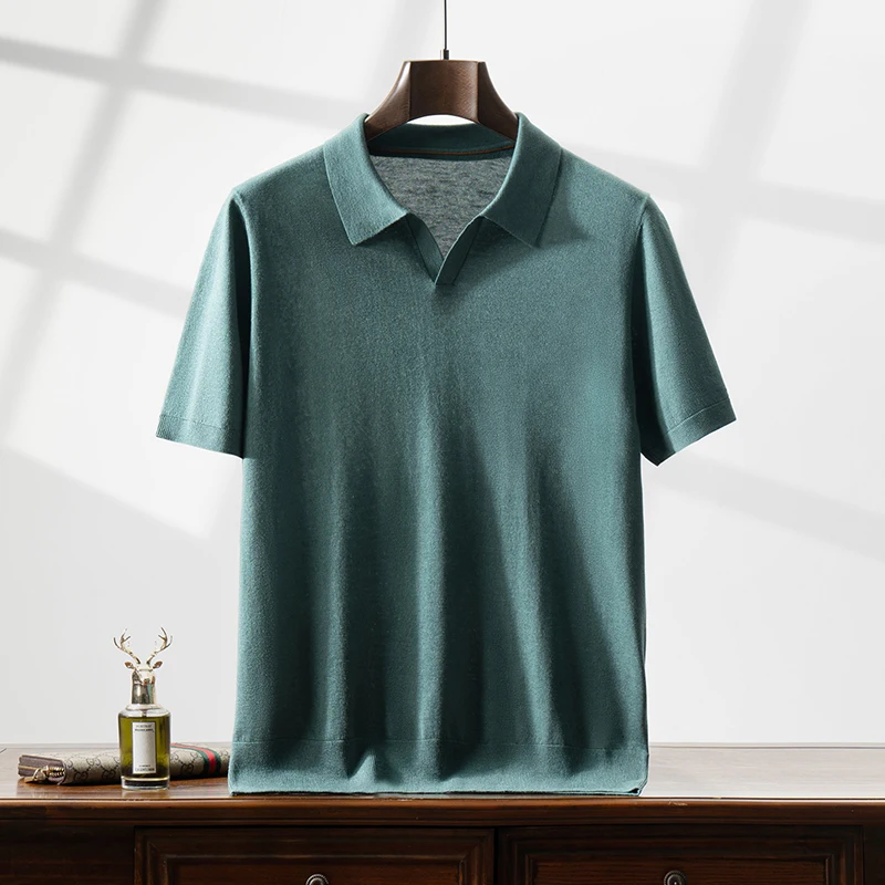 Men's Worsted Mulberry Silk Short Sleeve Polo Shirt Business Leisure Lapel Knit T-shirt with High Quality Thin Half Sleeve Vest