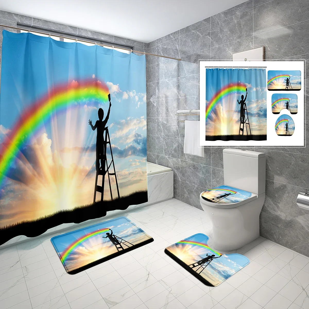 Creative Rainbow Shower Curtain Set Bohemian Rainbow 4 Pcs Shower Curtain Bathroom Non-Slip Bath Mat Toilet Cover Curtain Set