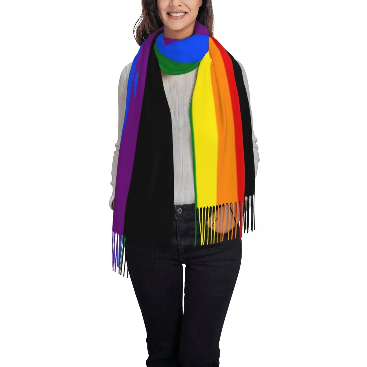 Gay Pride Flag Stripe Tassel Scarf Women Soft GLBT LGBT Rainbow Lesbian Shawls Wraps Lady Winter Scarves