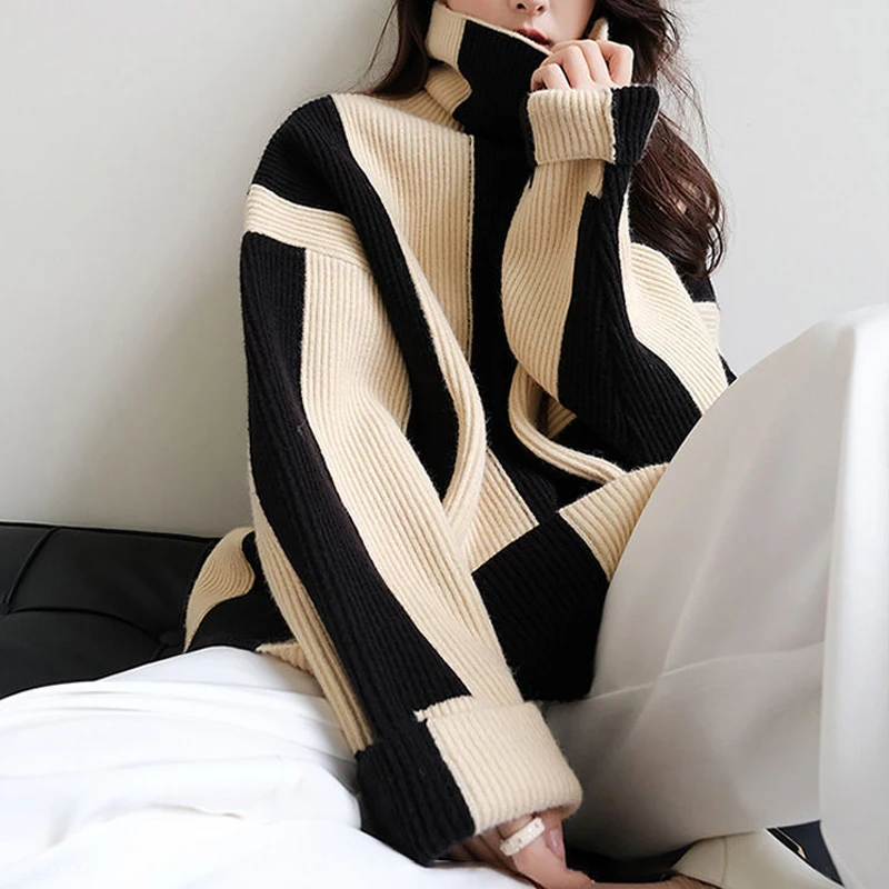 Women Turtleneck Vertical Stripe Pattern Textured Color Block Drop Shoulder  Loose Sweater,Long Sleeve Tops