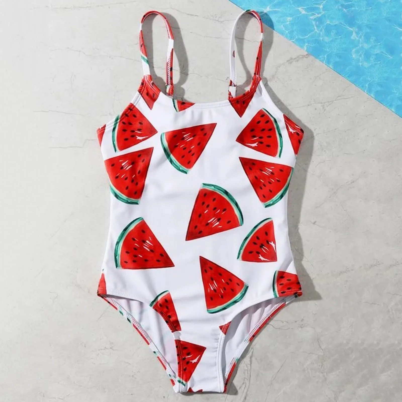 8-14 Years Girls' Summer Swimwear Cute Crisscross Small Watermelon Printing One Piece Swimsuit Swimming Bathing Suit Monokini