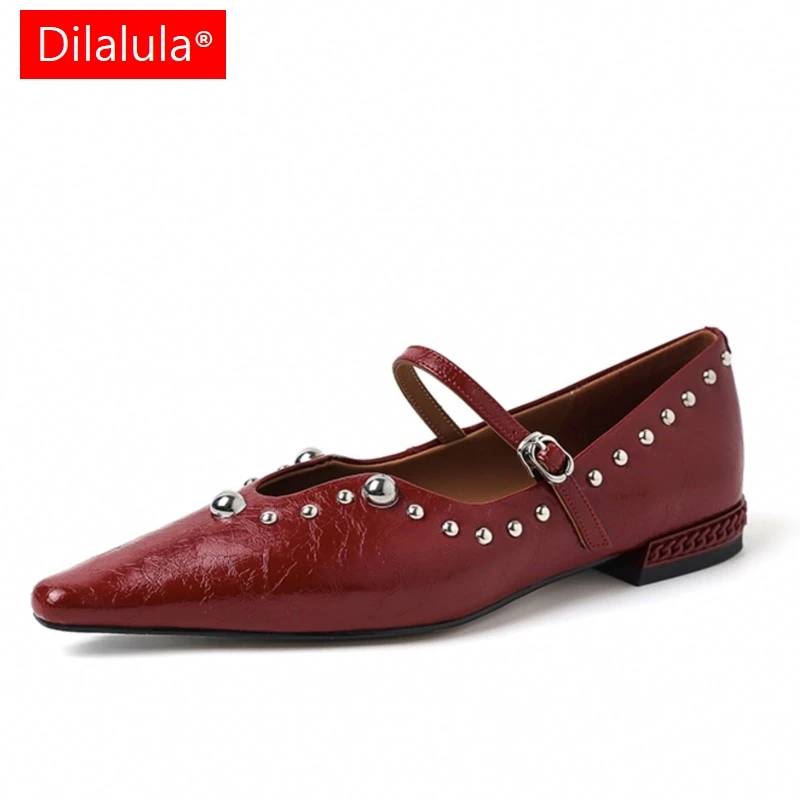 

Туфли-мэри-джейн Dilalula 2025 из натуральной кожи для молодых женщин, с острым носком, заклепками, на низком толстом каблуке, для прогулок и отдыха