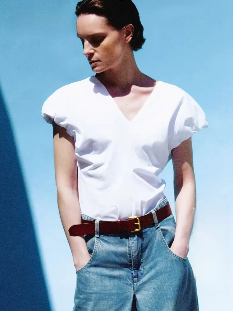 

Edition Women's Flust ort Sve T-irt V-Ne Waist Cinched irt Spring New Sle Cotton 00% Regular Length