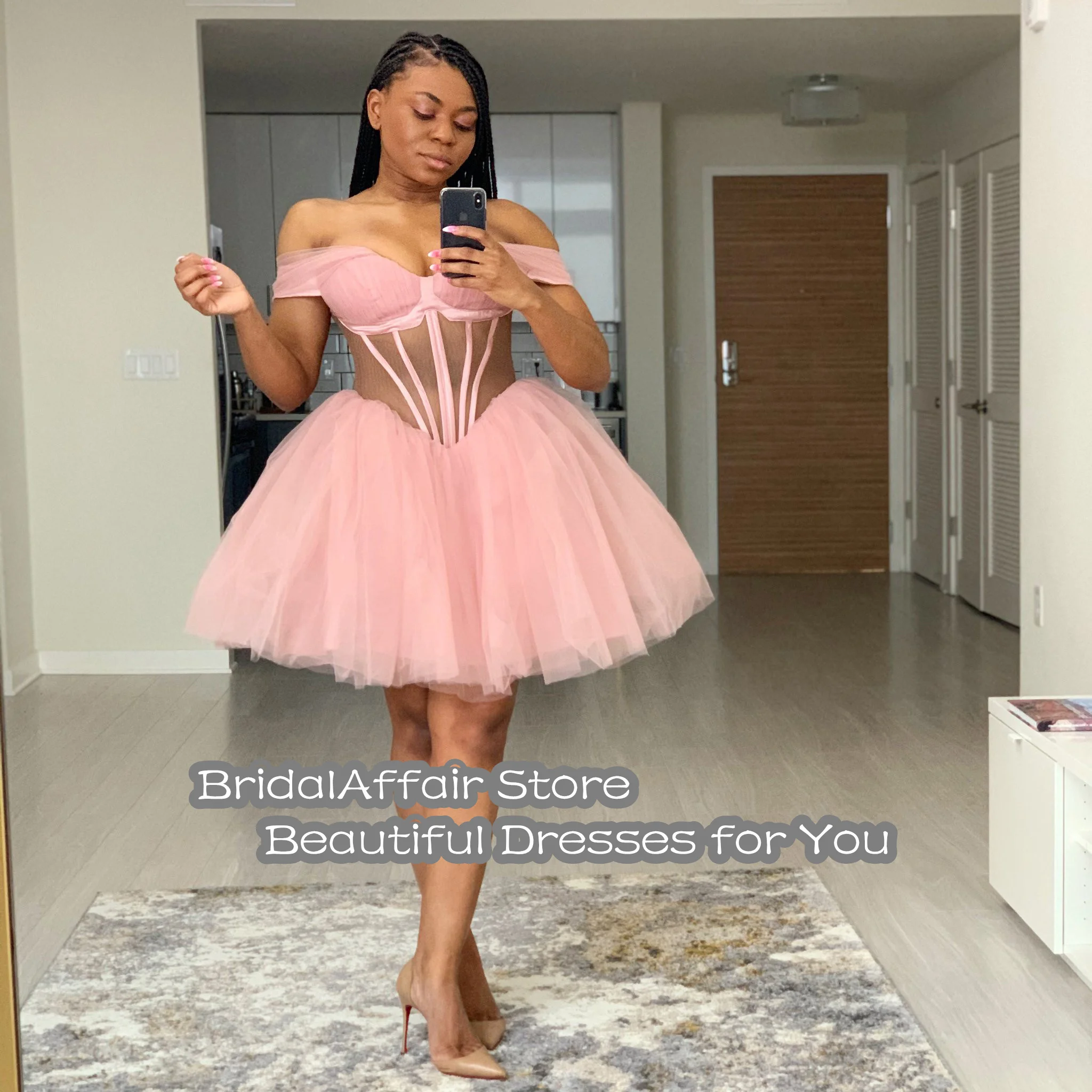 BridalAffair Puffy Mini Roze Prom Dresses vestido de curto Formele Jurken Plus Size Off Schouder Prom Dress Robe De Soiree