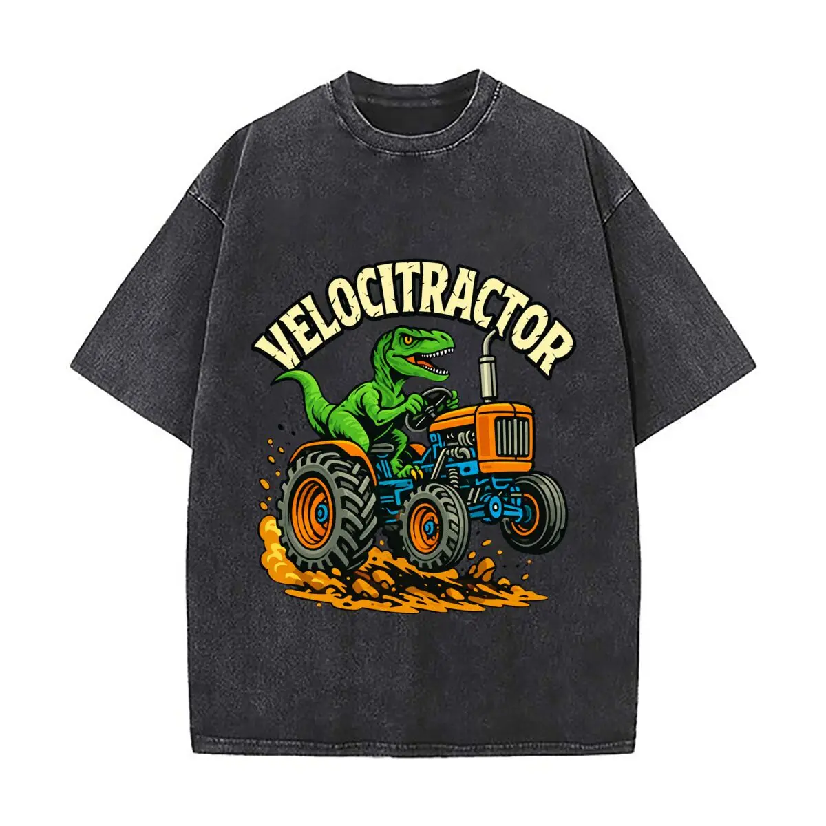 Funny Velocitractor Dinosaur Driving Tractor Farm Distressed Vintage Oversized Streetwear Tops for Coffee Dates