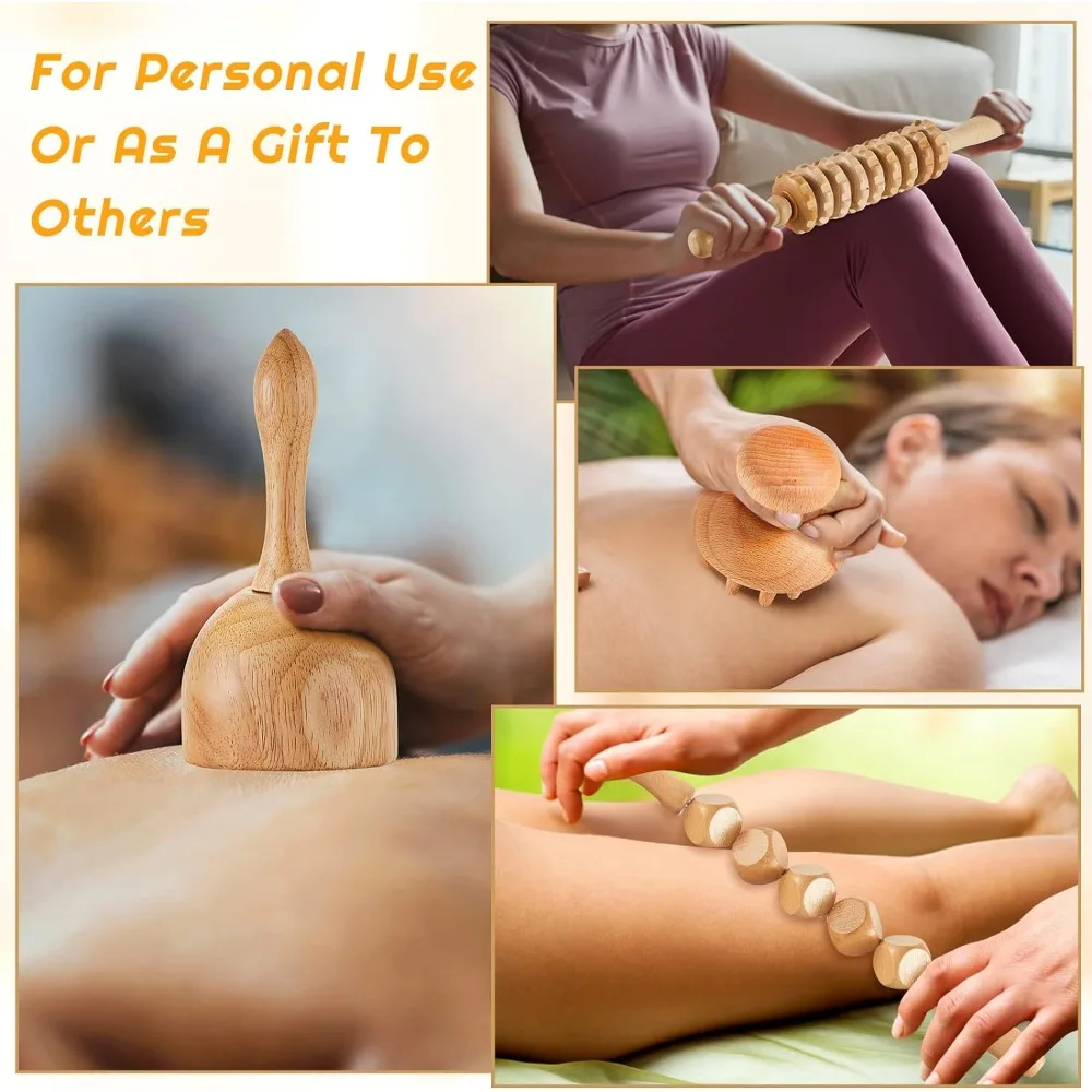 5 in 1 Wood Therapy Massage Tool Lymphatic Drainage Massager Anti Cellulite Fascia Massage Roller for Full Body Muscle Relaxatio